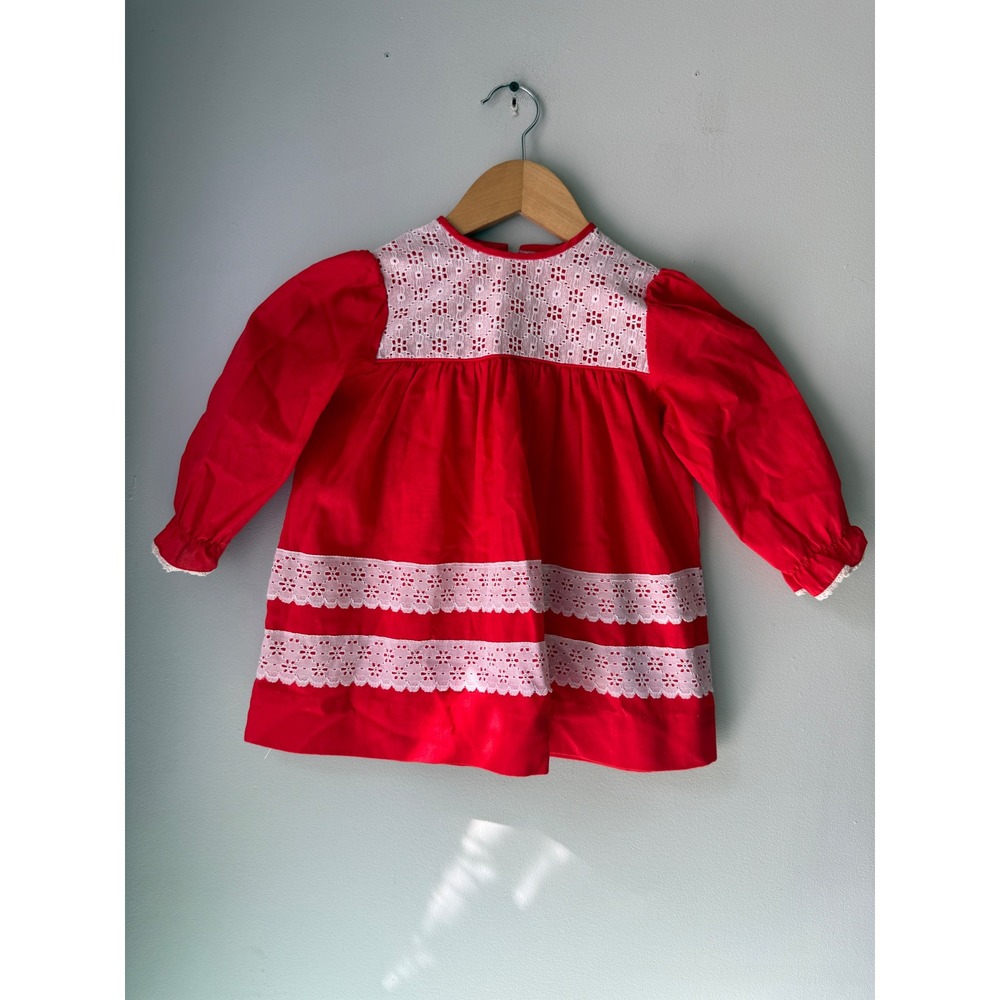 Kate Greenaway Toddler Dress 4T Red Vintage Eyelet Lace Long Sleeve 80s